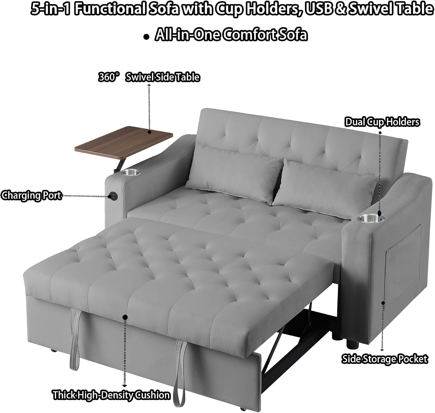 Auvsoce 53'' Convertible Sleeper Sofa Bed with Adjustable Backrest, Chaise Lounge, Side Table & Two Pillows – Stylish & Functional Addition to Any Living Room (Modern Grey)