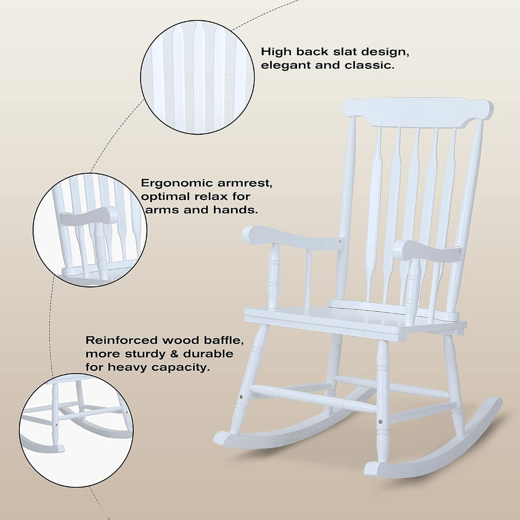 PHI VILLA Outdoor Wood Rocking Chair, Oversized Acacia Wood Slat Back Rocker Chairs for Patio, Deck, Balcony, Porch and Indoor, 30° Safe Recline Support 350 lbs - White