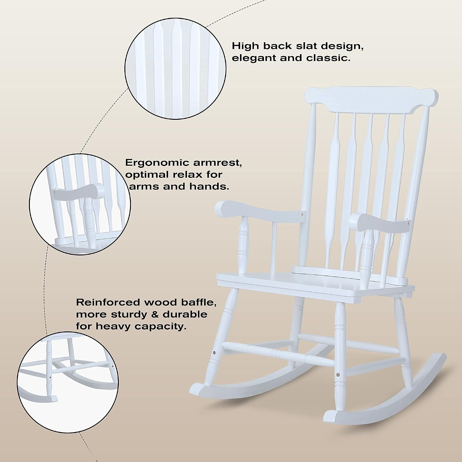 PHI VILLA Outdoor Wood Rocking Chair, Oversized Acacia Wood Slat Back Rocker Chairs for Patio, Deck, Balcony, Porch and Indoor, 30° Safe Recline Support 350 lbs - White