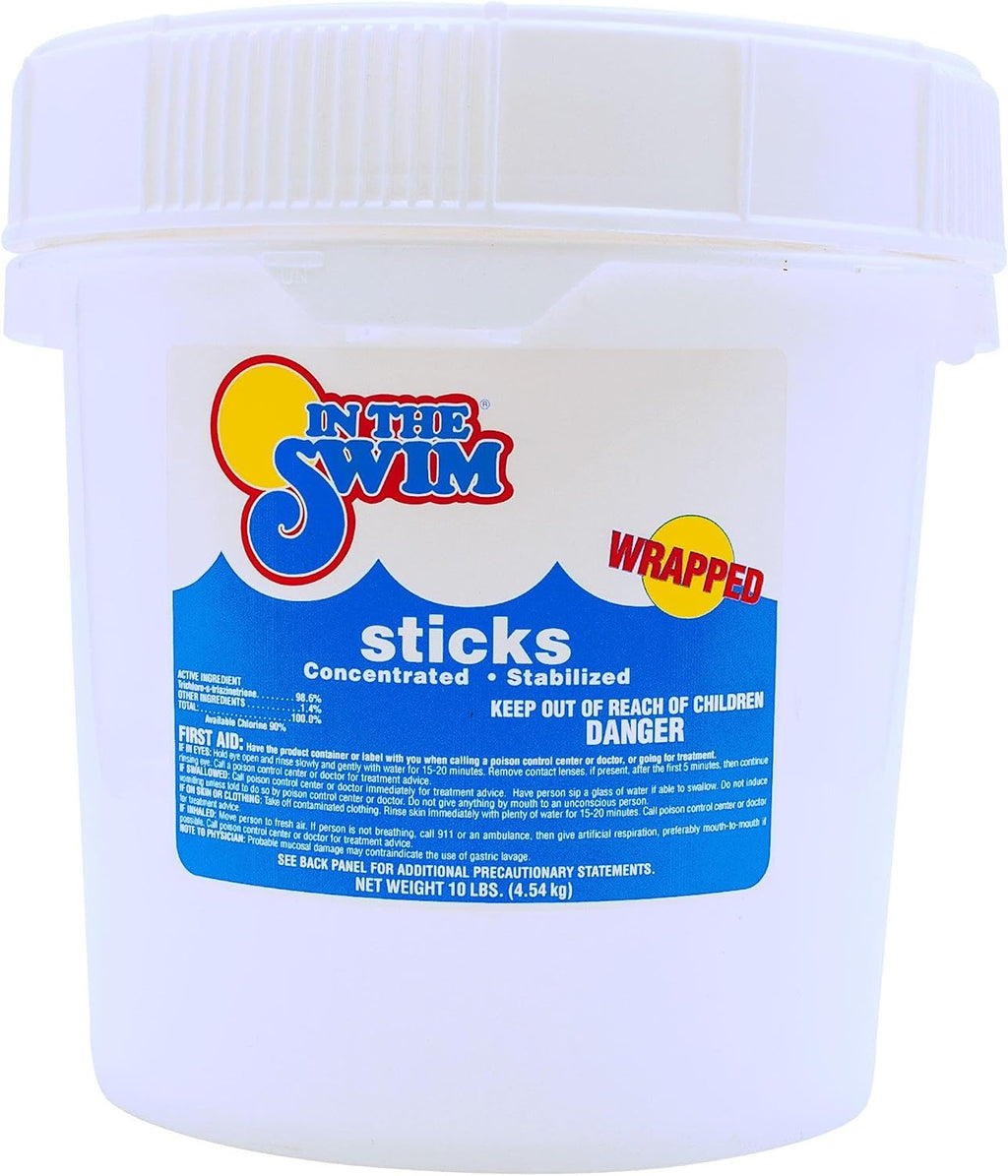 In The Swim 4 Inch Chlorine Sticks for Sanitizing Swimming Pools - Individually Wrapped, Slow Dissolving, Stabilized Chlorine Sanitizer - 90% Available Chlorine, 99% Trichlor - 10 Pounds