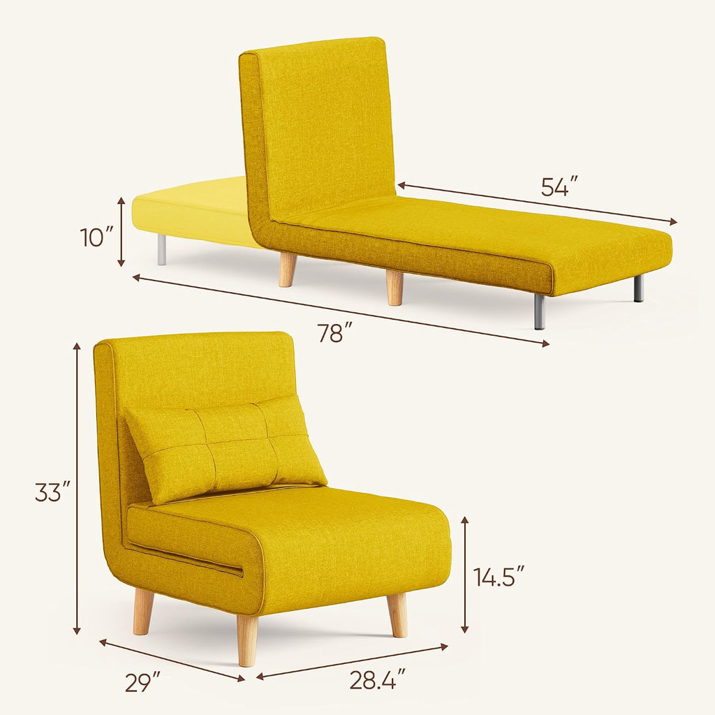 Ahomly 3 in 1 Sleeper Chair Bed, Chair Bed Sleeper for Adults with 6 Angle Adjustable Backrest, Convertible Single Futon for Living Room/Apartment/Office, Yellow