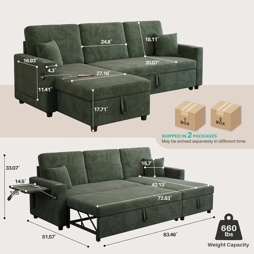 Sleeper Sectional Sofa, 83' Convertible Sofa Bed with Pull Out Couches, Small Desktop, L Shaped Couch with Reversible Chaise, Cup Holders, USB, Modern Corduroy Sofas for Living Room Apartment, Green