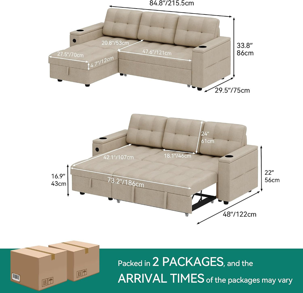 YITAHOME Sleeper Sofa, L-Shaped Sofa Couch Bed with Storage Chaise & USB, Reversible Sleeper with Pull Out Bed, 4-Seat Fabric Convertible Sofa, 2-in-1 Pull Out for Living Room, Beige