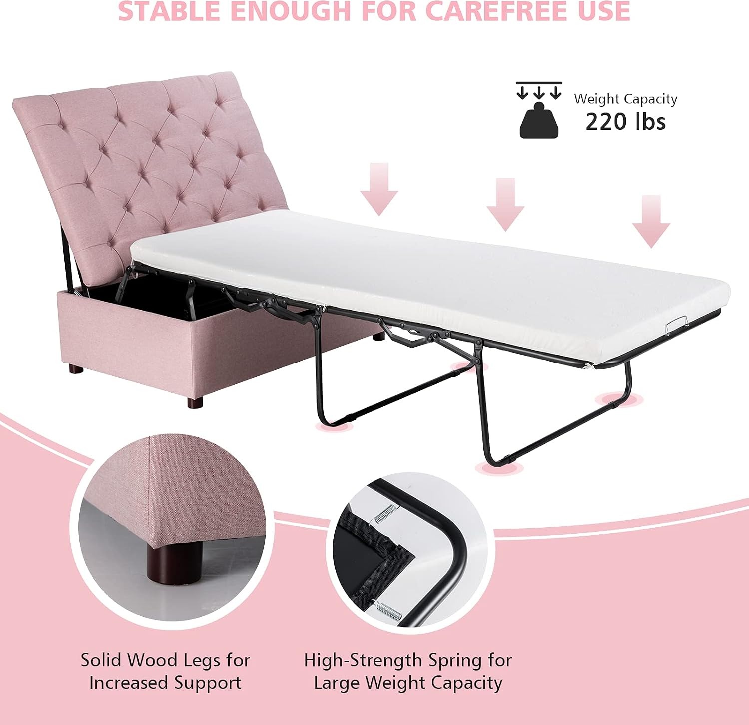 Giantex Ottoman Folding Bed, Fold Out Sleeper Bed with Mattress, Convertible Chair into Sofa Beds, Couch Sleeper w/Steel Frame, Dual Use Guest Lounge Beds, Living Room Bedroom Office(Pink)