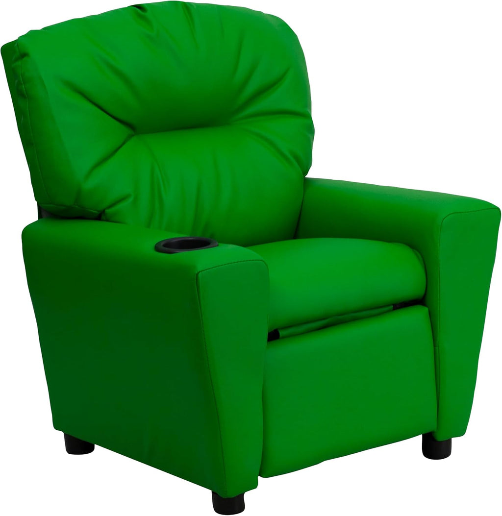 Flash Furniture Chandler Vinyl Kids Recliner with Cup Holder and Safety Recline, Contemporary Reclining Chair for Kids, Supports up to 90 lbs., Green