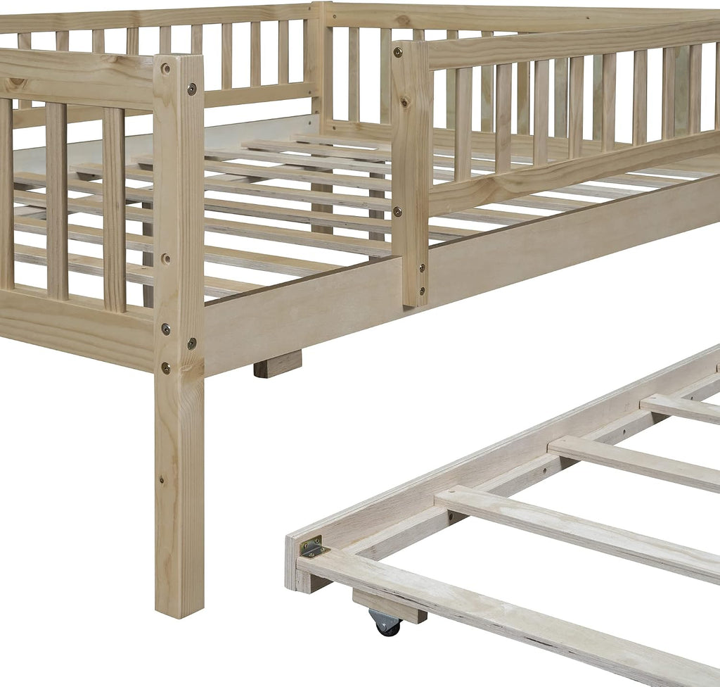 Montessori Bed Frame with Fence Railings and Trundle for Kids,Full Size Wood Low Platform Bed Frame with Full-Length Safety Guardrails for Boys Girls,No Box Spring Needed,Natural