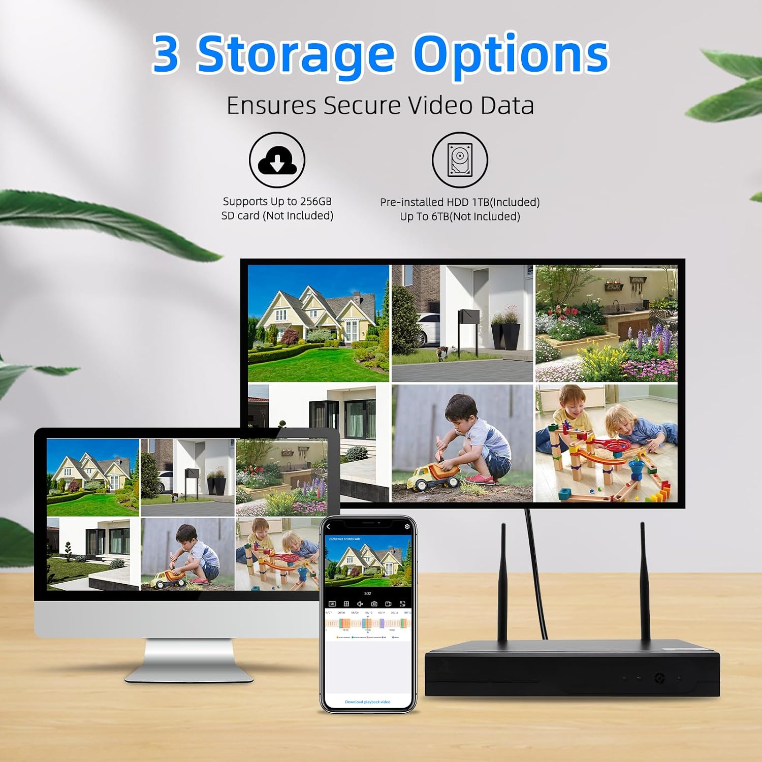 Wireless Security Camera NVR System, 2 Bullet Cam + 2 Dome Cam, 6 Screen Max. up to 16CH, 2K HD 3MP View, Dual-Band WiFi Connection, Smart Color Night Vision, 1TB HDD Local Storage