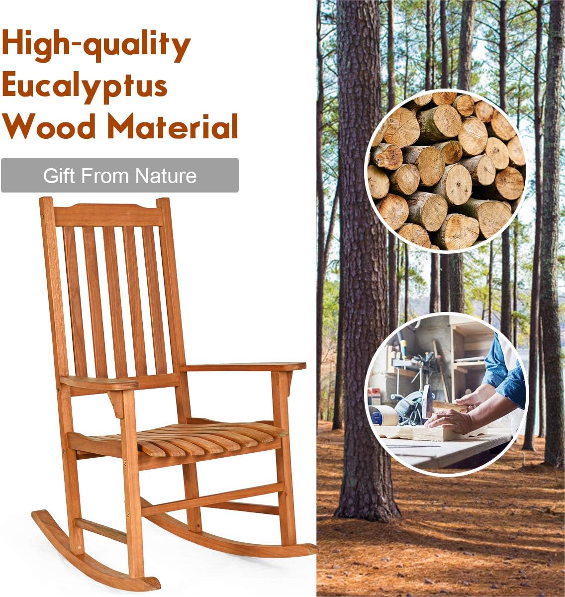 Giantex Porch Rocking Chair Outdoor and Indoor Use, Solid Eucalyptus Wood Rocker with Natural Finish, Front Porch Chairs for Patio Deck Garden, Wooden Rocking Adirondack Chair Set