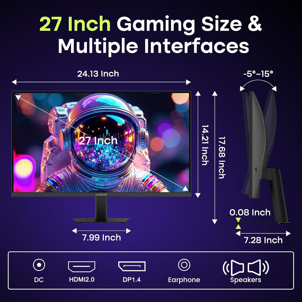 Amzfast 27' 240Hz 1ms FPS Gaming Monitor, Fast VA FHD 1080P, Adaptive Sync, HDR 400, 4000:1 Contrast, 125% sRGB, Built-in Speaker, HDMI 2.0 & DP 1.4 with DP Cable, VESA
