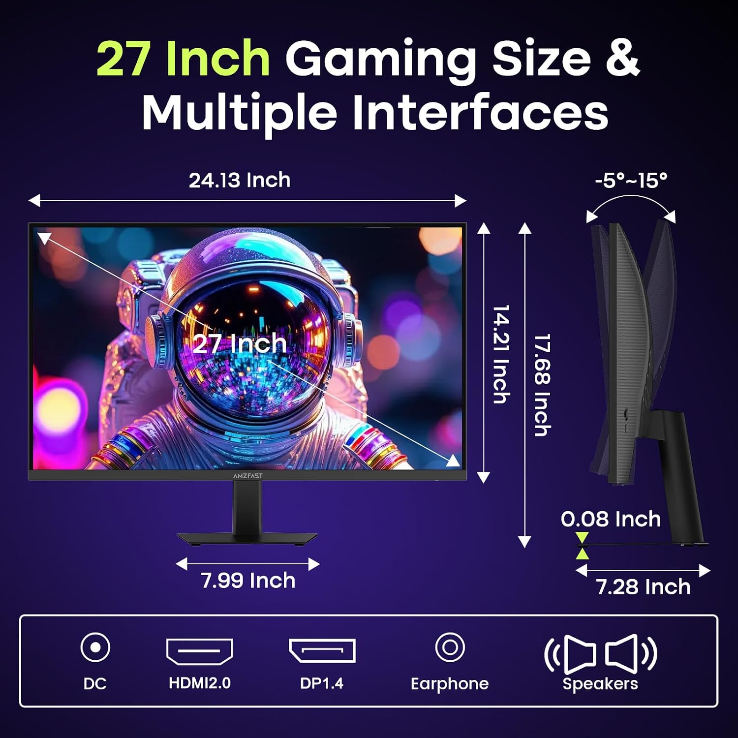 Amzfast 27' 240Hz 1ms FPS Gaming Monitor, Fast VA FHD 1080P, Adaptive Sync, HDR 400, 4000:1 Contrast, 125% sRGB, Built-in Speaker, HDMI 2.0 & DP 1.4 with DP Cable, VESA