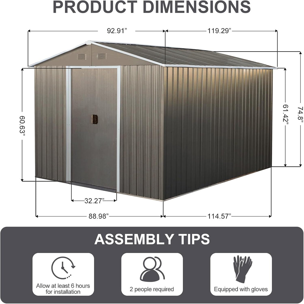 Ball & Cast 8x10 FT Outdoor Storage Shed,Metal Waterproof Garden Shed with Sliding Doors and Padlock,All Weather Heavy-Duty Tool Shed W/Vents, Foldable House for Garden Backyard,Lawn,Gray