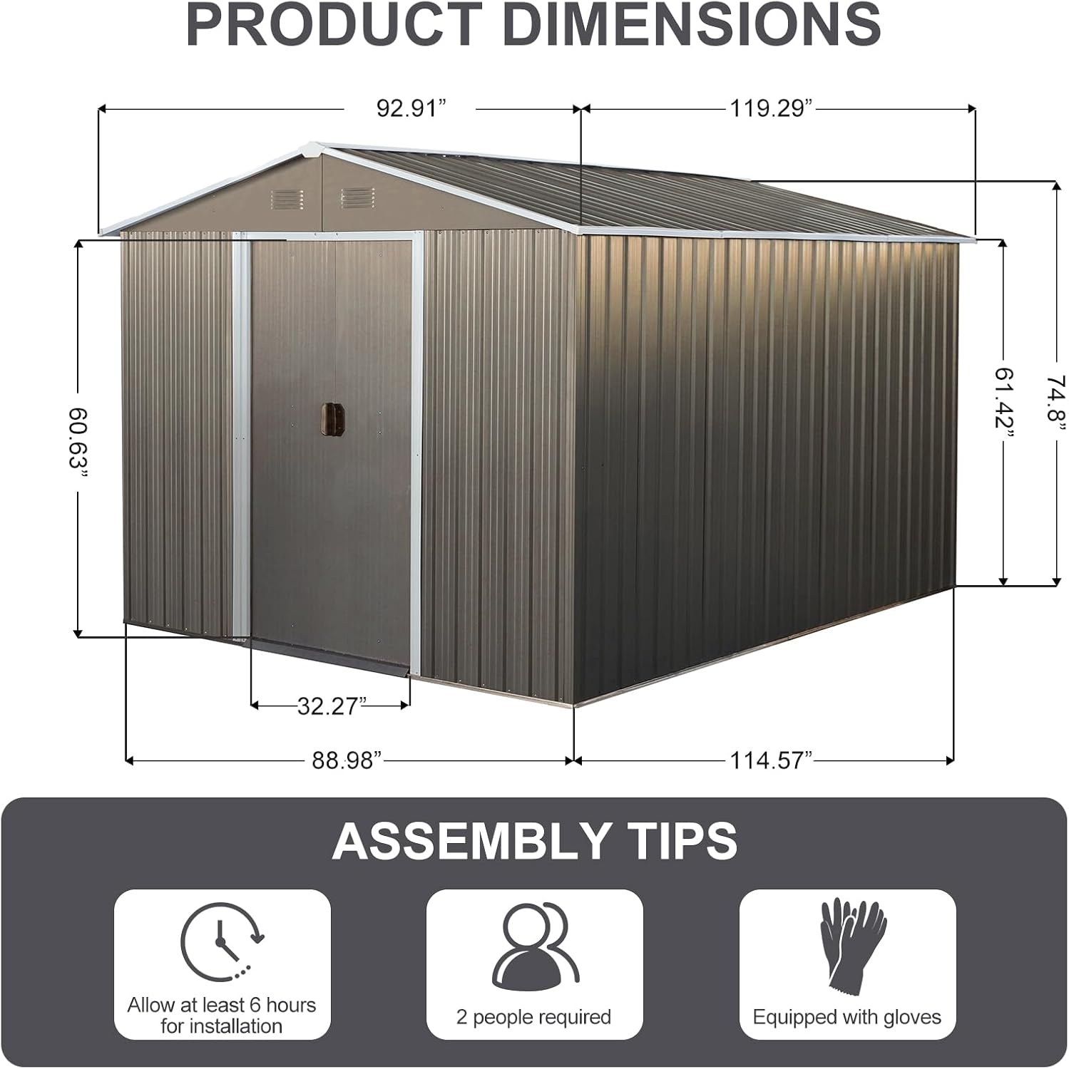 Ball & Cast 8x10 FT Outdoor Storage Shed,Metal Waterproof Garden Shed with Sliding Doors and Padlock,All Weather Heavy-Duty Tool Shed W/Vents, Foldable House for Garden Backyard,Lawn,Gray