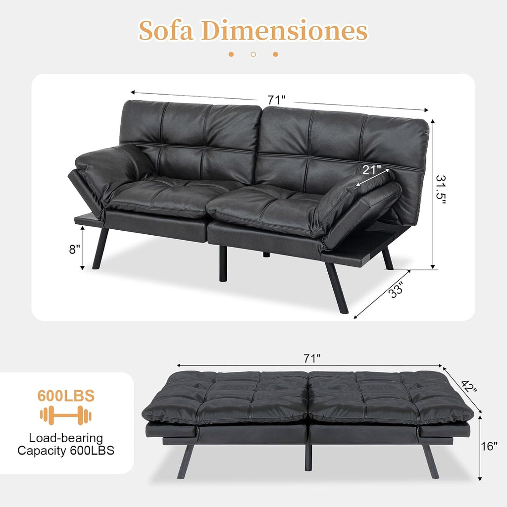 Opoiar Futon Sofa Bed Modern Memory Foam Sleeper Sofa Convertible Couch Adjustable Armrest&Backrest Black Matte Leather Futon for Living Space,Apartment,Office Sofabed