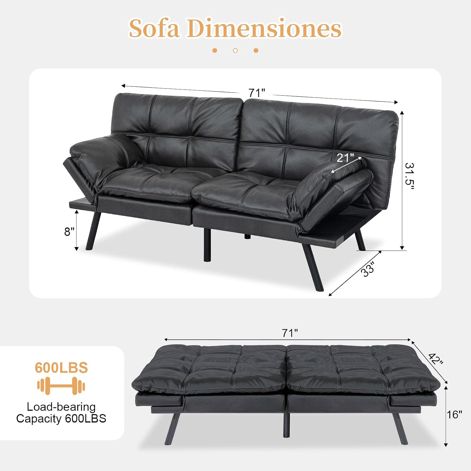 Opoiar Futon Sofa Bed Modern Memory Foam Sleeper Sofa Convertible Couch Adjustable Armrest&Backrest Black Matte Leather Futon for Living Space,Apartment,Office Sofabed