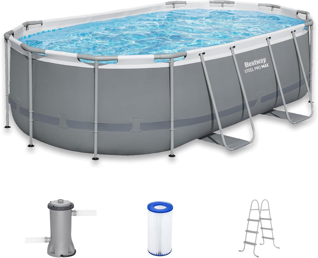 Bestway Steel Pro MAX 14' x 8'2' x 39.5' Oval Above Ground Swimming Pool Set, 530 GPH Filter Pump, Ladder, Tritech Puncture Resistant Liner, ClickConnect Steel Frame, Gray