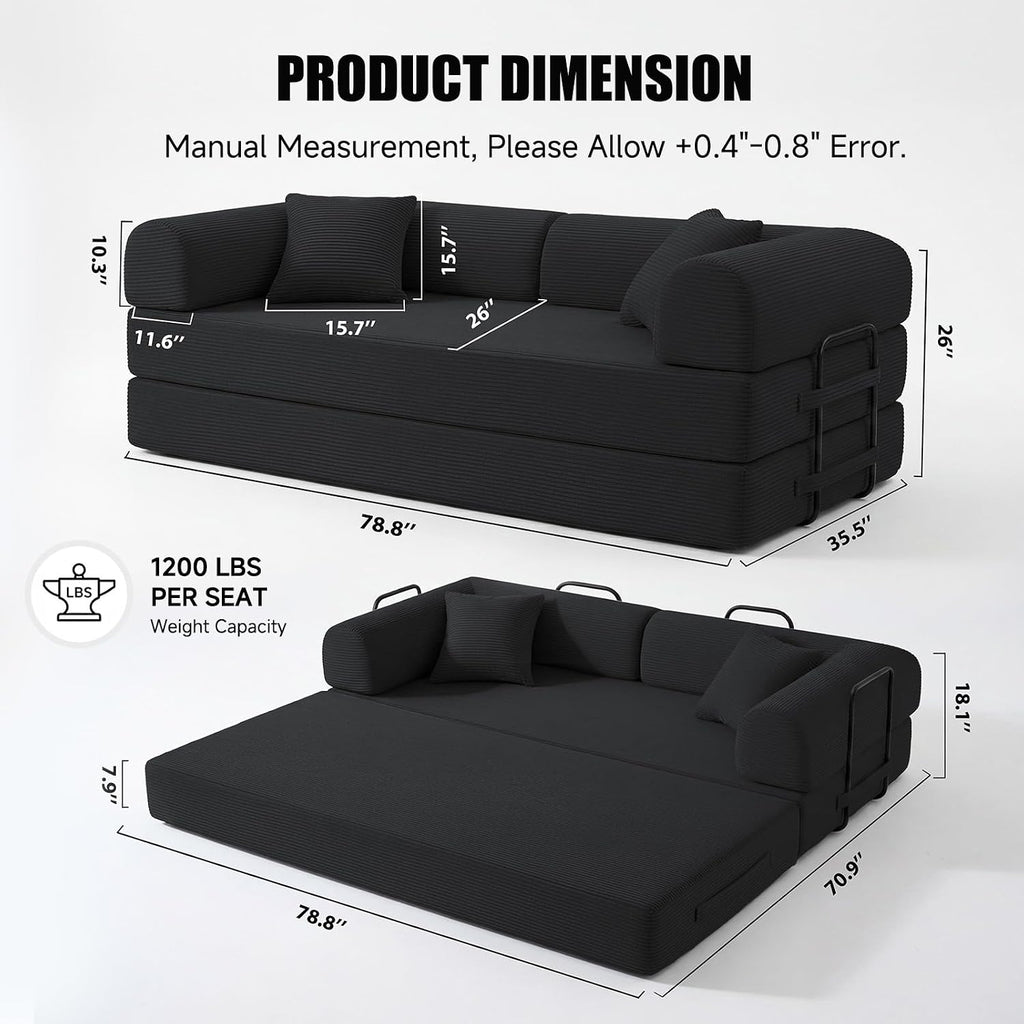 79' Compressed Sofa, Convertible Sofa Bed, Corduroy Compression Boneless Couch with Pillow, Comfy Modular Foldable Floor Sleeper Sofa for Bedroom, Living Room, Lounge, Studio (Black)