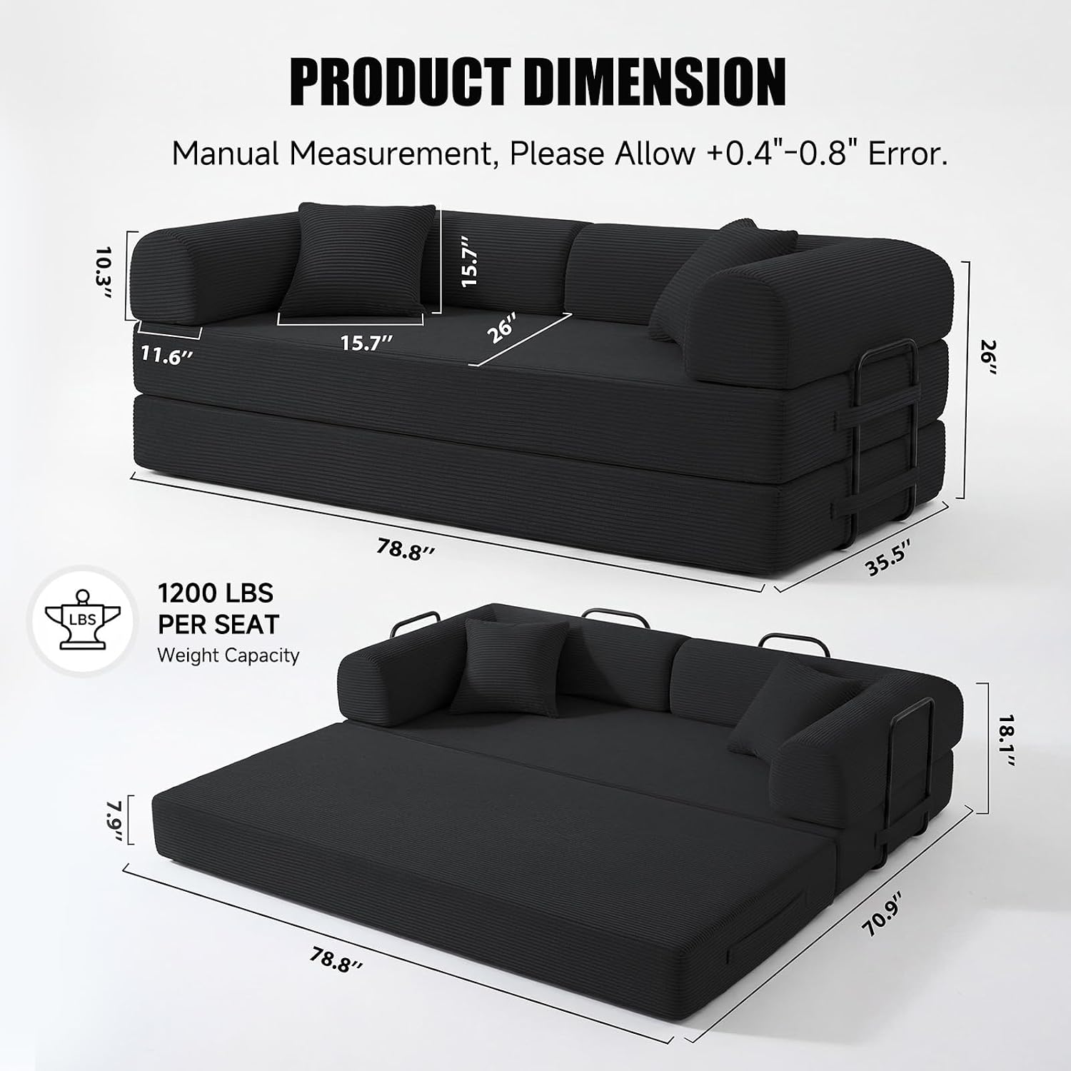 79' Compressed Sofa, Convertible Sofa Bed, Corduroy Compression Boneless Couch with Pillow, Comfy Modular Foldable Floor Sleeper Sofa for Bedroom, Living Room, Lounge, Studio (Black)