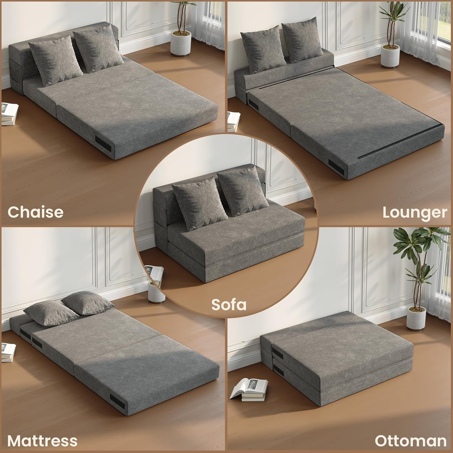 5-in-1 Convertible Folding Sofa Bed - Sleeper Chair with Pillows, Fold Out Chair Bed Futon Couch, Foldable Floor Mattress for Living Room/Dorm/Guest Use/Home Office/Apartment, Twin, Dark Grey