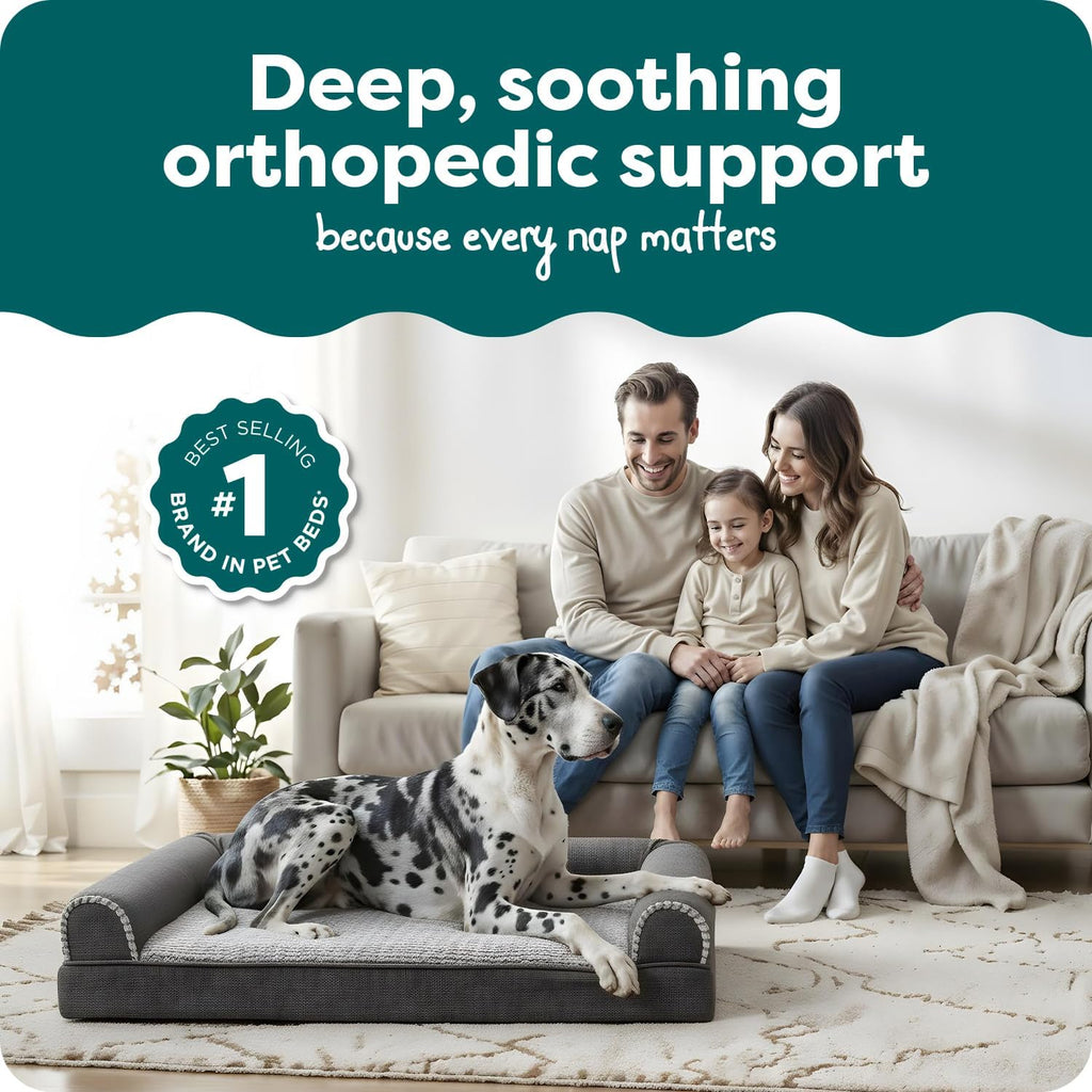 FurHaven Orthopedic Dog Bed For Large Dogs, Sofa Contour Mattress with Solid Orthopedic Foam Slab for Joint Support, Removable Washable Cover, Jumbo Plus XXL, Faux Fur, Charcoal