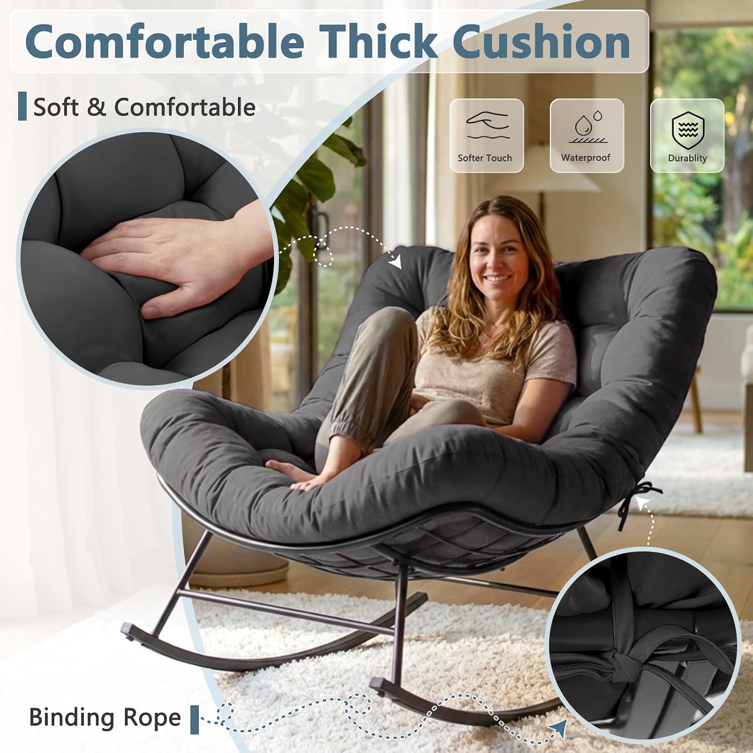 Cushioned Rocking Papasan Chair for Outdoor Indoor, Oversized Outdoor Rocking Chair with Cushion, Egg Rocker for Patio, Porch, Balcony, Lawn, Bedroom, Living Room, Gray