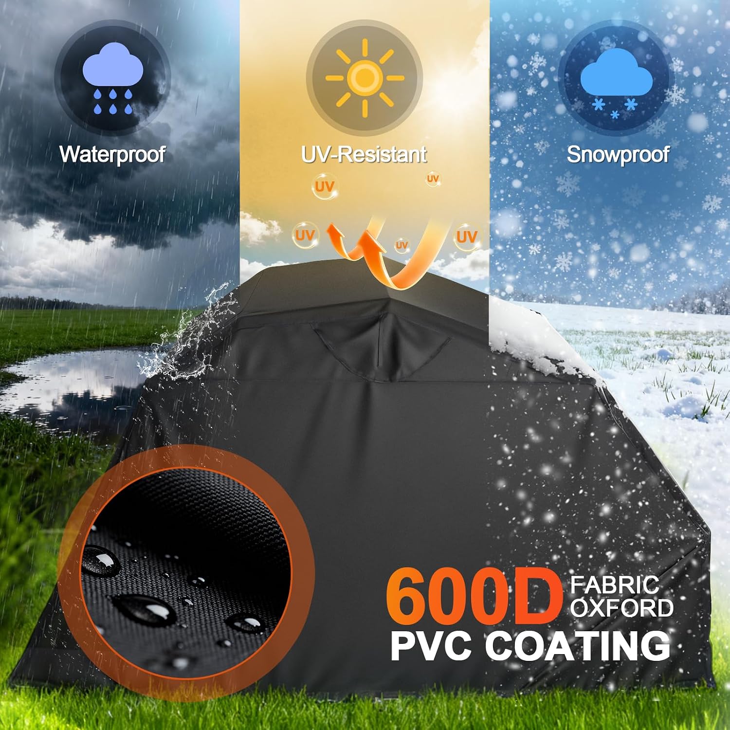 Motorcycle Cover Shelter Storage, 110' x 47' x 63', with Lock & Carry Bag, Heavy Duty 600D Oxford Vehicle Shed Cover Garage Tent with 2 Roll-Up Side Windows - Black