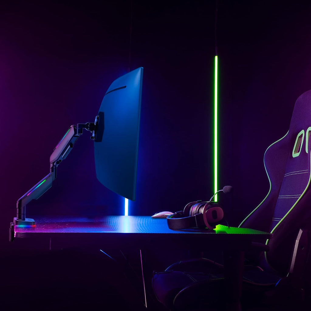 AVLT RGB Lights Single 17'-49' Gaming Monitor Arm Desk Mount, Fits One Flat/Curved/Ultrawide Screen up to 44lbs(20kg), Height Swivel Tilt Adjustable Stand - Black