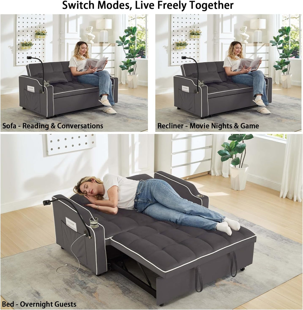 Convertible Sofa Bed, 3 in 1 Futon Sofa Bed with USB Charging Ports, Cup Holder, Phone Stand & Pocket, Modern Upholstered Sleeper Sofa for Living Room, Apartment or Small Space (Grey-L)