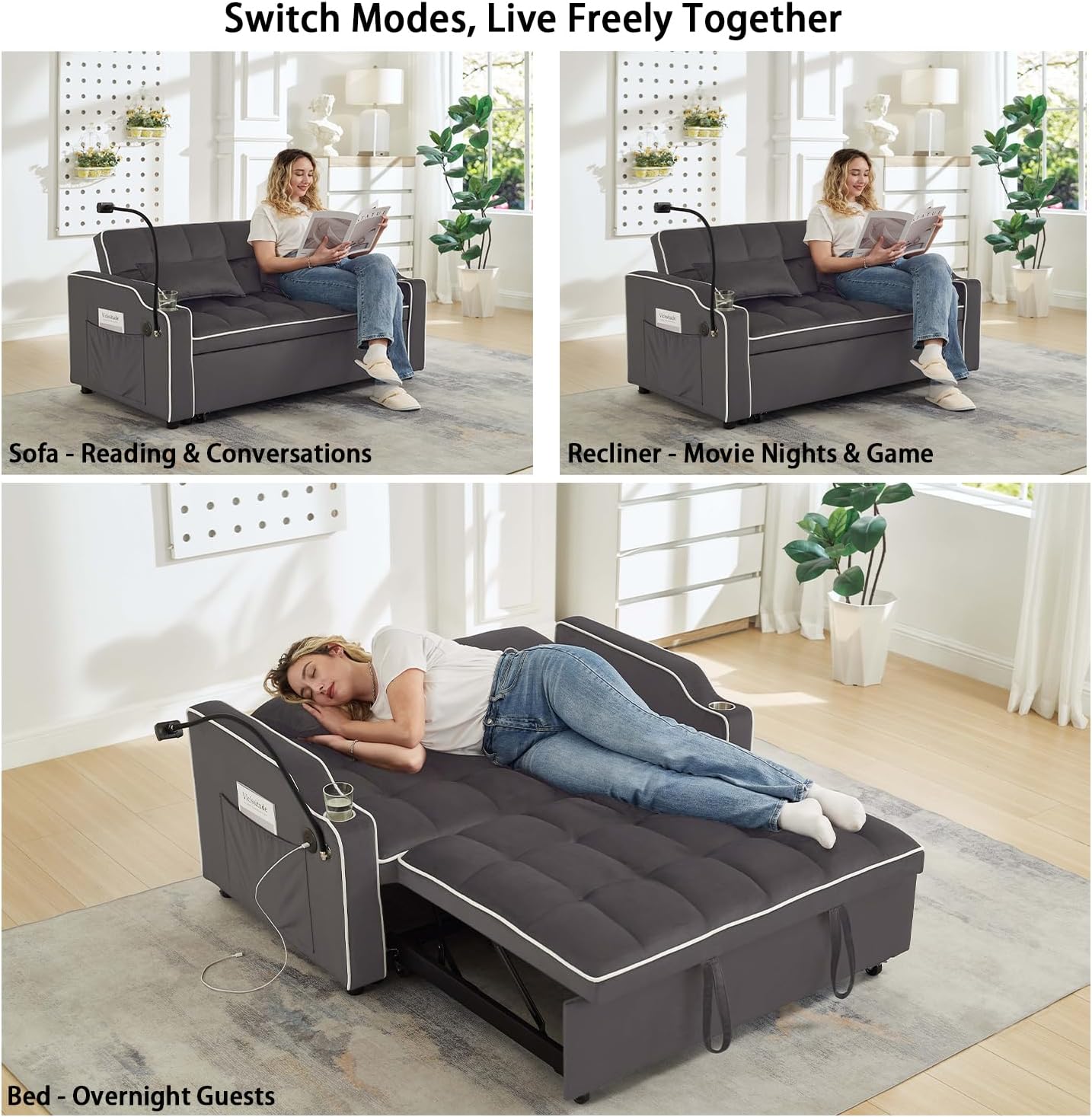 Convertible Sofa Bed, 3 in 1 Futon Sofa Bed with USB Charging Ports, Cup Holder, Phone Stand & Pocket, Modern Upholstered Sleeper Sofa for Living Room, Apartment or Small Space (Grey-L)