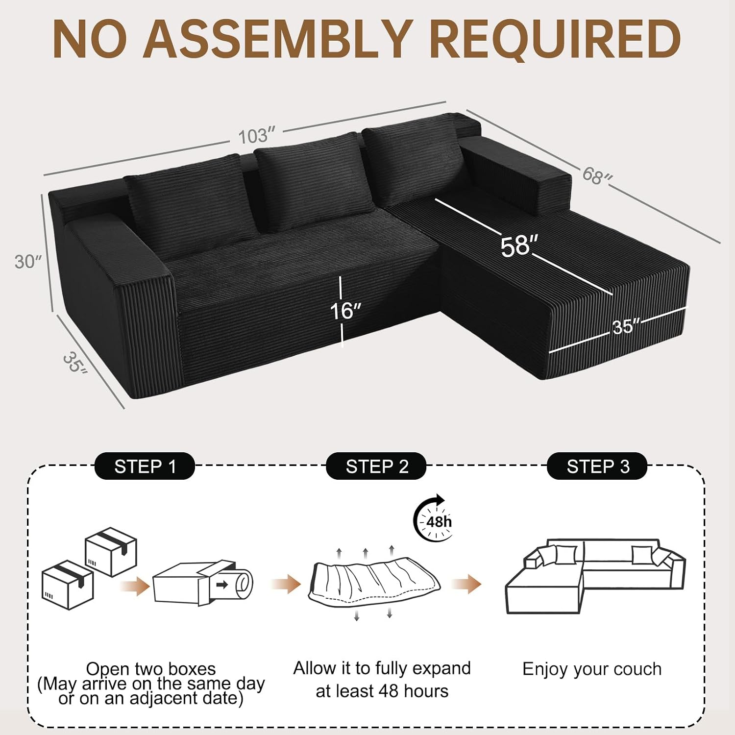 Nigoone 103' Cloud Sectional Sofa, Boneless L-Shape Couch with Chaise, Modern Minimalist Modular Couch for Living Room, Free Combination, Deep Seat, No Assembly Required, Premium Corduroy, Black, R