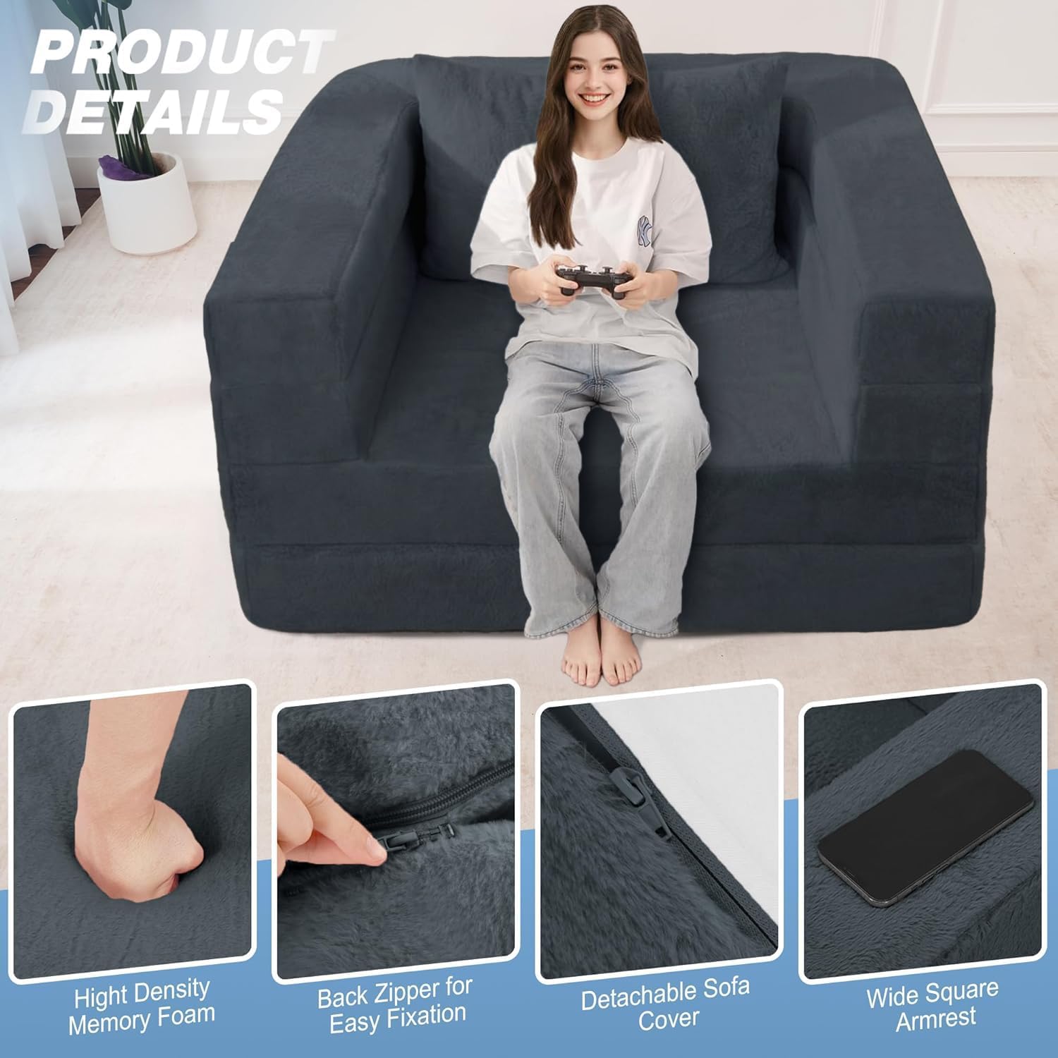 Futon Sofa Bed with Pillow, 3-in-1 Sleeper Sofa Bed with Removable Cover, Convertible Floor Sofa Bed, No Assembly Boneless Couch for Living Room, Bedroom