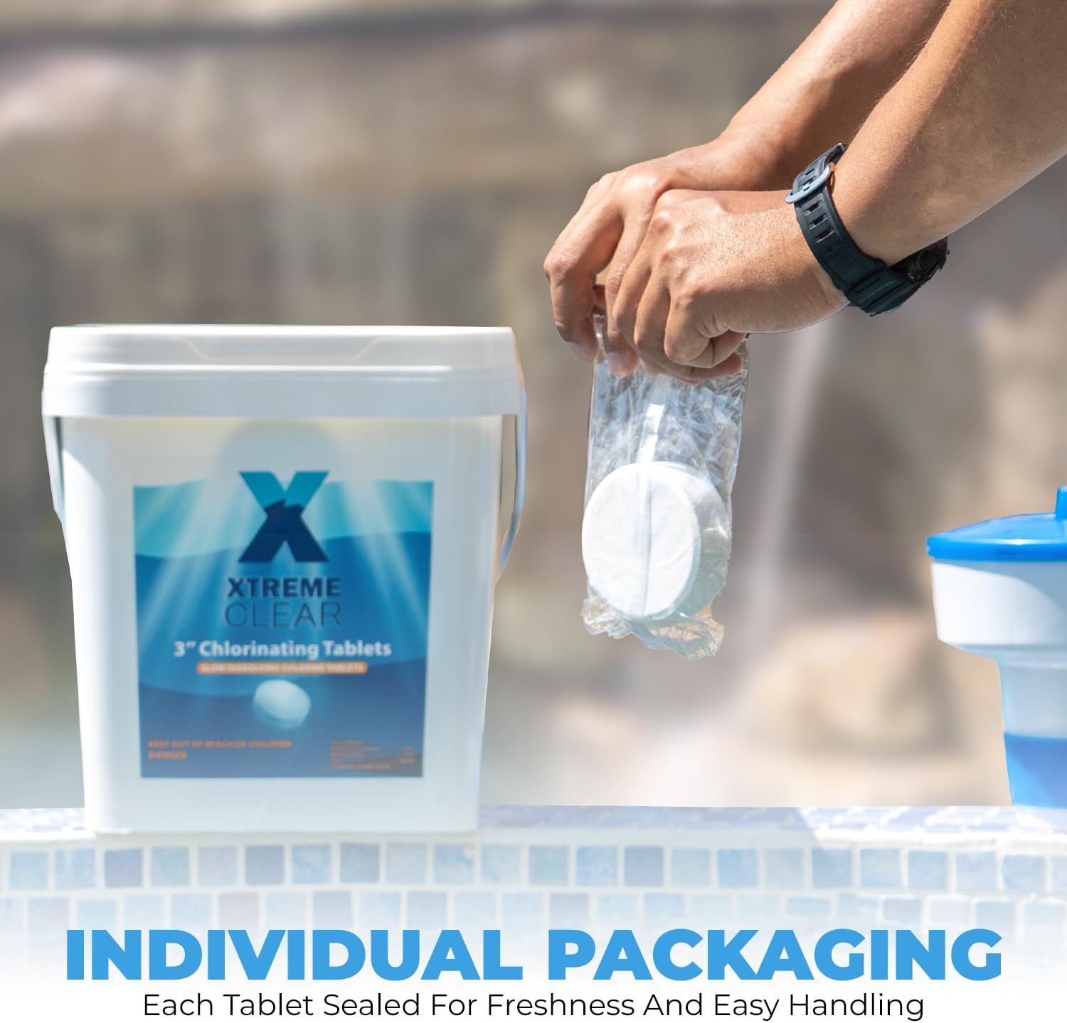 Xtremeclear 3' Chlorine Tablets Bucket, 3-inch Individually Wrapped, 25 lbs Chlorinating Tabs for Swimming Pools, Hot Tubs, Spa Slow Dissolving 25 Pound Bucket