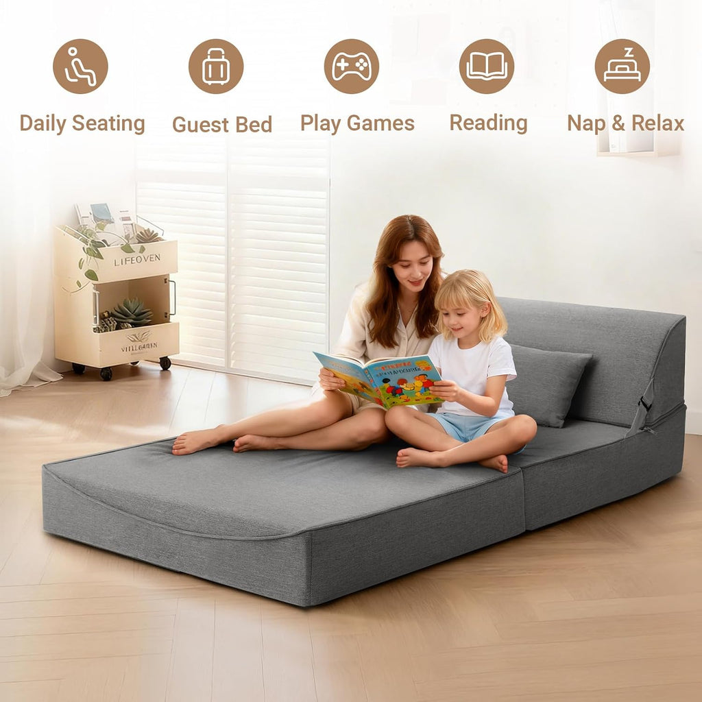 BeBen Folding Sofa Bed Chair, Convertible Sleeper Chair Futon Couch, Foldable Boneless Floor Lounge Sofa, Twin Foam Chair Bed for Small Spaces, Dorm, Guest Room, Living Room, Apartment, Dark Grey
