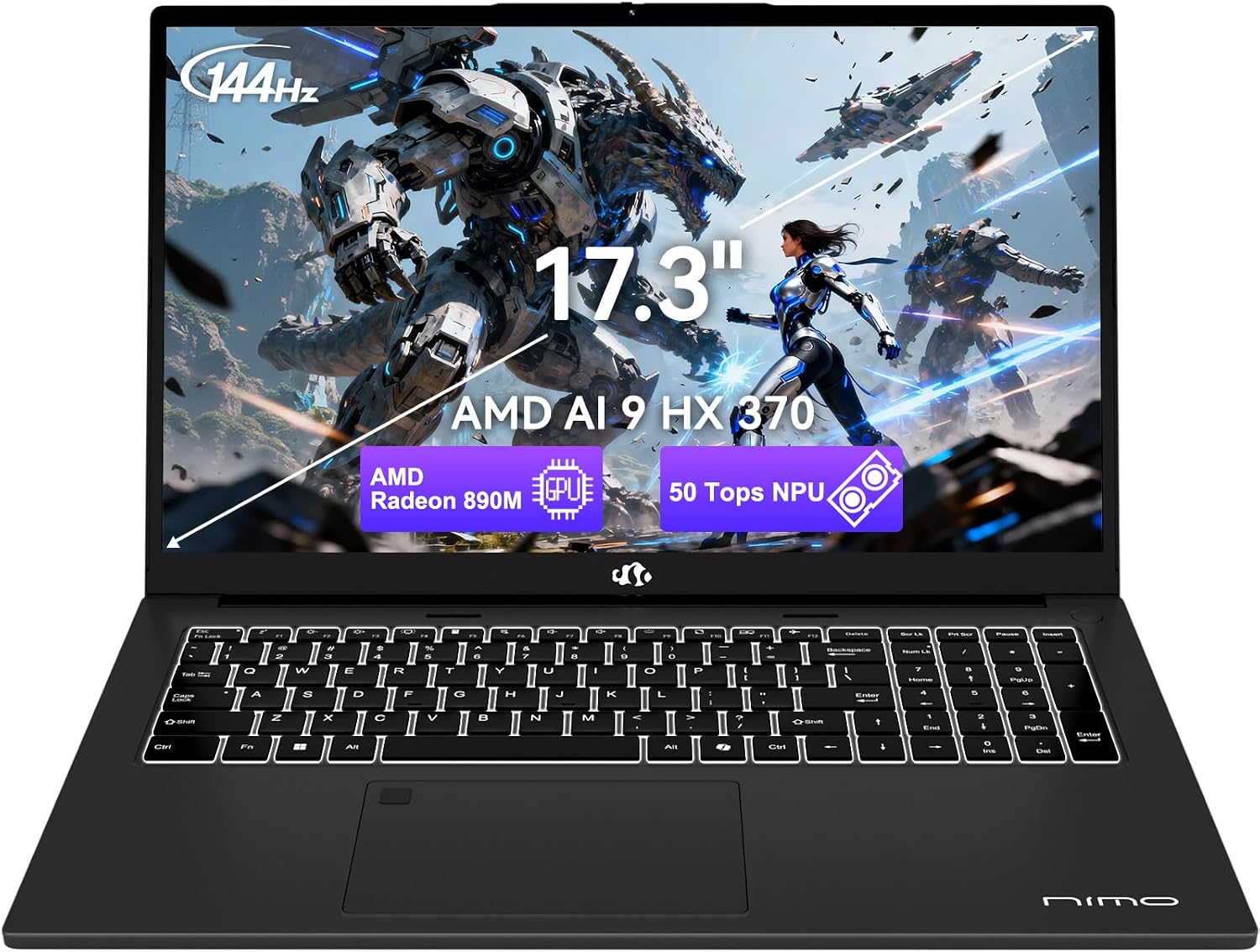 NIMO 17.3' Copilot+ Laptop, AMD Ryzen AI 9 HX 370(50 Tops NPU), Radeon 890M, 64GB RAM 4TB SSD, DDR5, 144Hz, PD 100W USB-C 4.0, AI Laptop with Wi-Fi 6E for Student Working Business