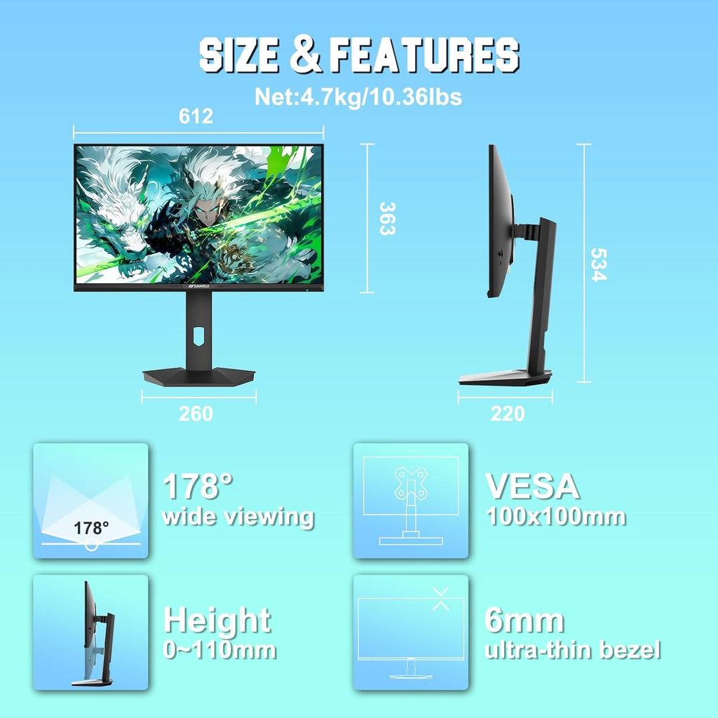 SANSUI Gaming Monitor 27' 1440P 200Hz 180Hz WQHD 2560×1440-AMD FreeSync 1ms DCI-P3 95% Fast IPS Computer Monitor,Height Adjustable Vertical/Horizontal Rotating, 2×DisplayPort/HDMI 丨HDR丨Low Motion Blur
