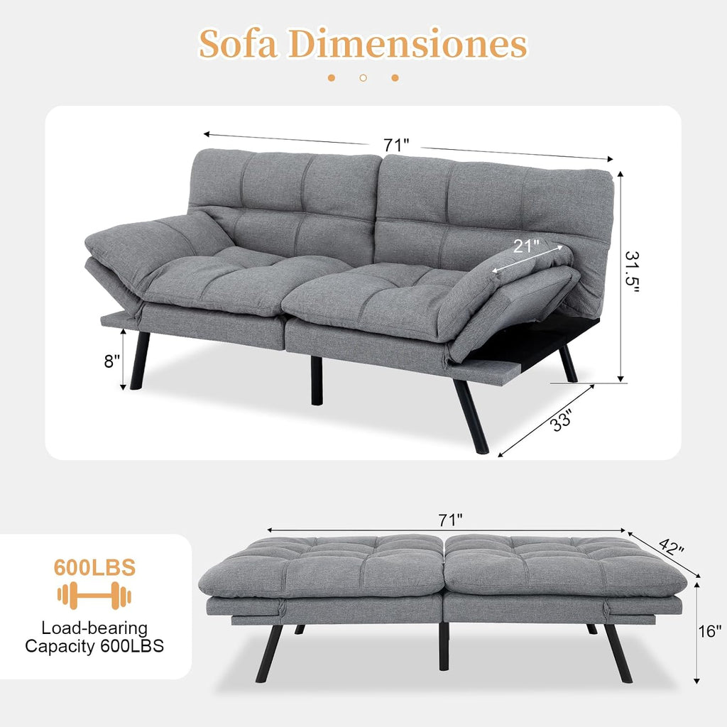Opoiar Futon Sofa Bed Modern Memory Foam Sleeper Sofa Convertible Couch Adjustable Armrest&Backrest Leather Futon for Living Space,Apartment,Office Sofabed