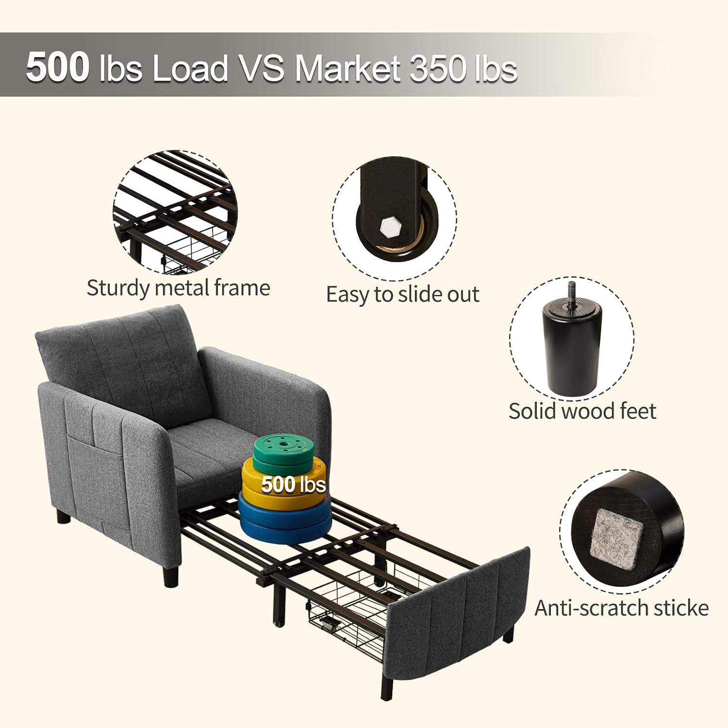 ZZW Sleeper Chair 84' Extra Long Convertible Chair Bed Upgraded 3-in-1 to 4-in-1 Pull Out Chair & Single Sofa Bed for Adult Sleeping Chair for Living Room & Small Space (Dark Grey)