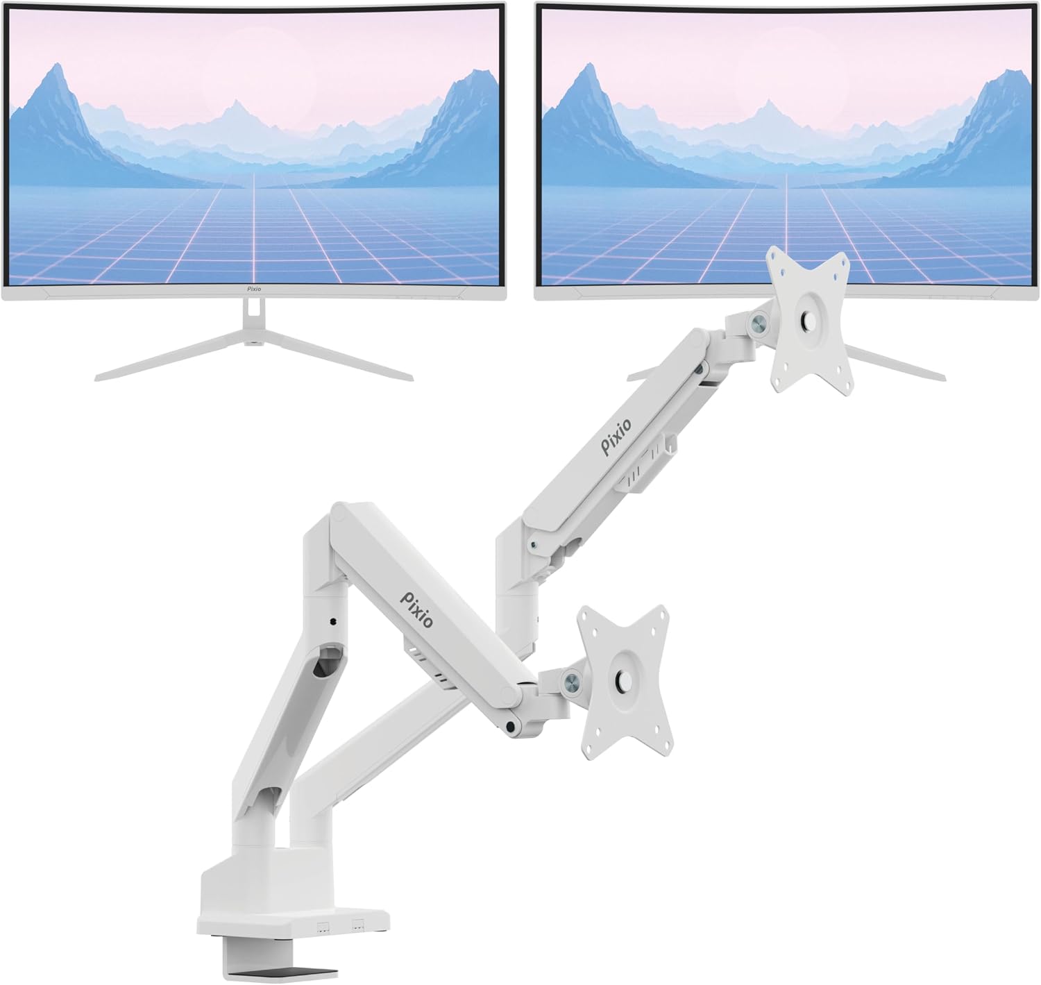 Pixio Two PXC278WAVE White 27 inch 180Hz Refresh Rate QHD 1440p Resolution 1650R Curve Fast VA Panel 1ms GTG Response Time HDR Curved Gaming Monitor and PS1D Wave White Dual Monitor Arm