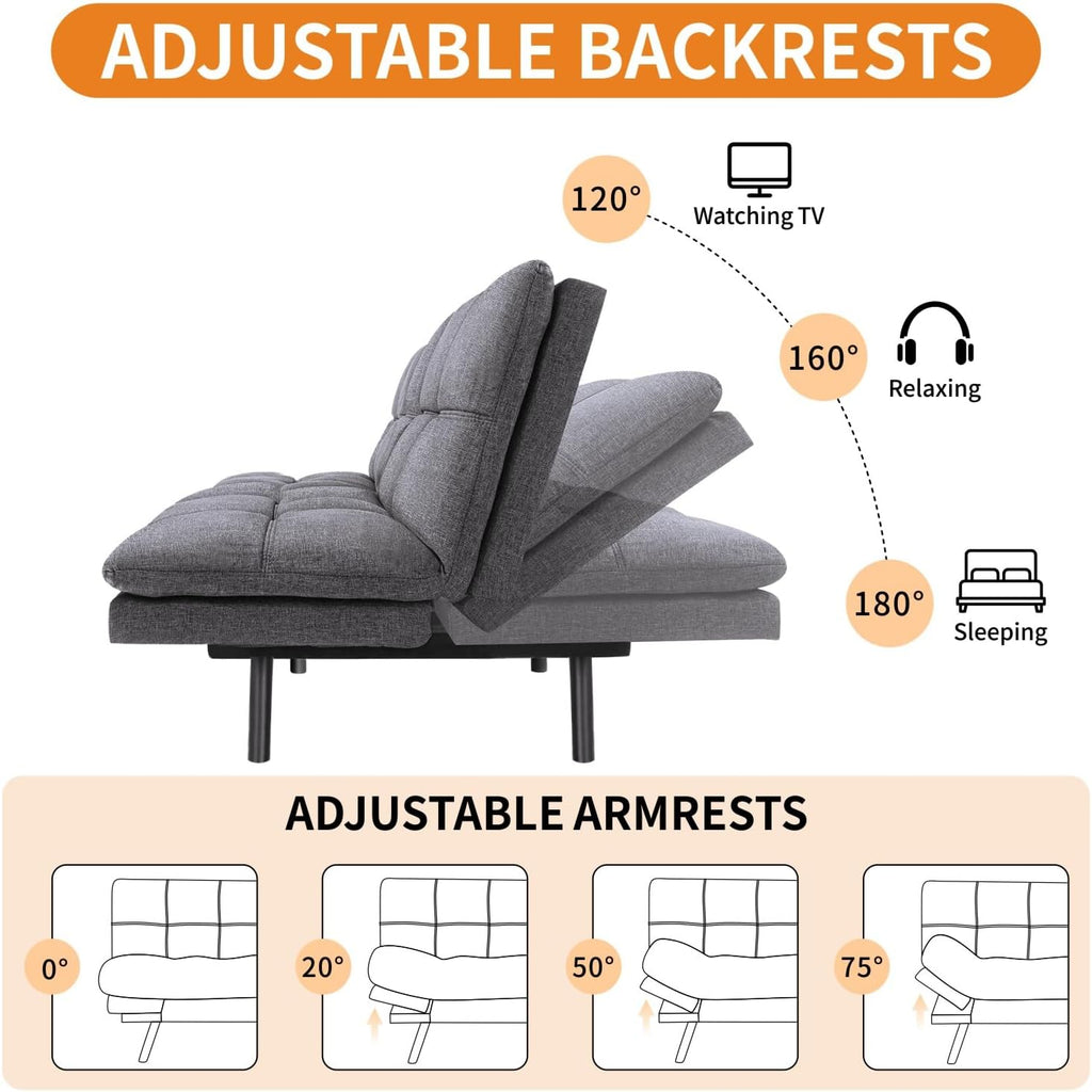 MUUEGM 71-Inch Convertible Futon Sofa Bed with Adjustable Backrest & Removable Armrests, Foldable Sleeper Loveseat for Small Space Living Room, Studio Apartment, Home Office，Deep Gray
