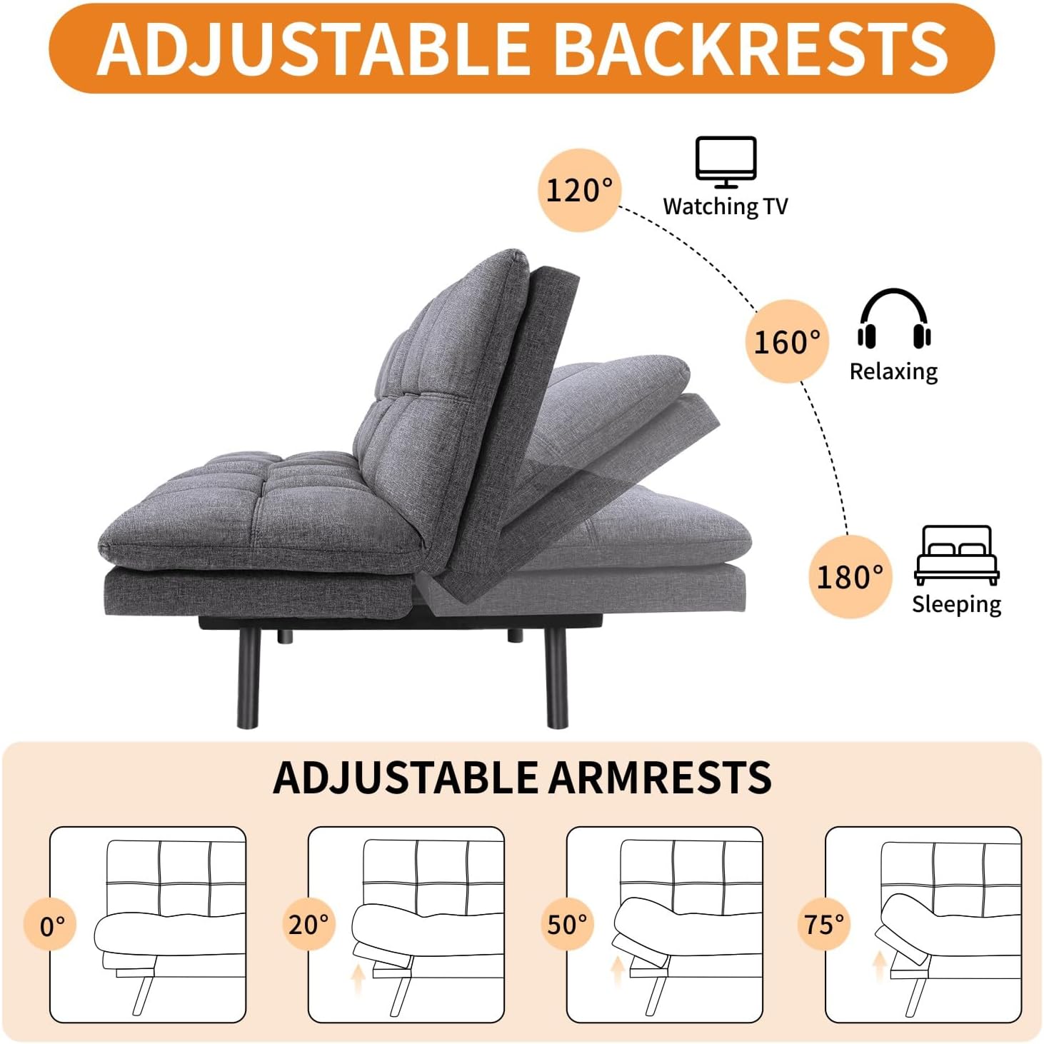 MUUEGM 71-Inch Convertible Futon Sofa Bed with Adjustable Backrest & Removable Armrests, Foldable Sleeper Loveseat for Small Space Living Room, Studio Apartment, Home Office，Deep Gray