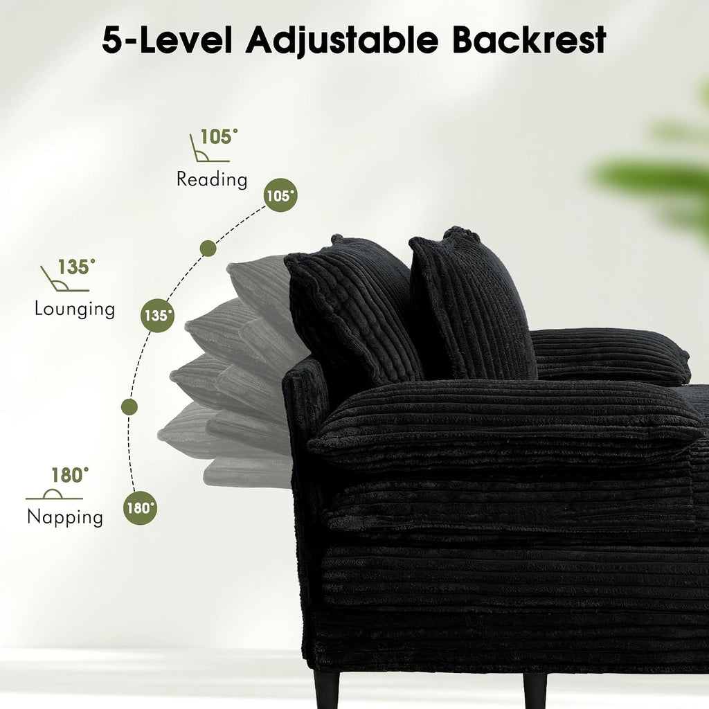WESTSETLUX 54.8' W Oversized Chaise Lounge Chair Indoor with 5-Position Adjustable Backrest, Corduroy Sleeper Sofa Bed with 3 Pillows, Modern Cloud Couch Chair for Living Room, Bedroom, Black