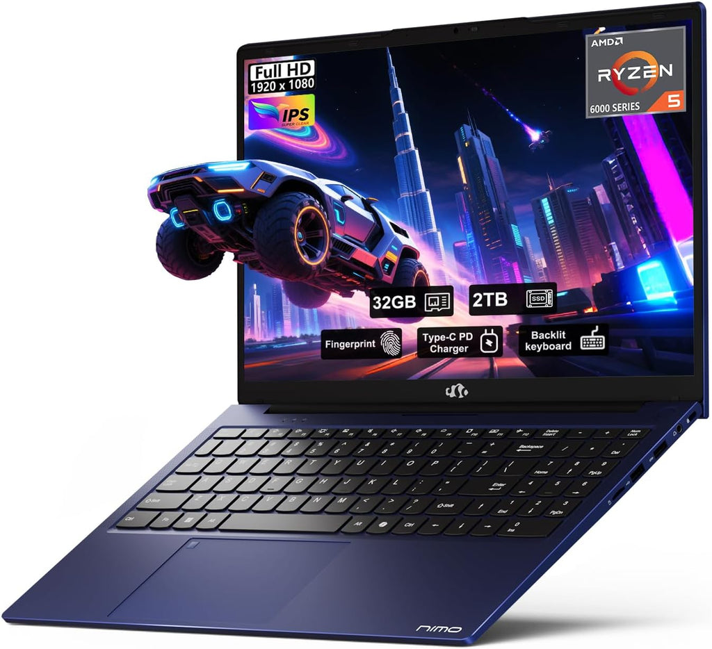 NIMO 15.6'' FHD IPS Business-Laptop-Computer - AMD Ryzen 5 6600H, 32GB DDR5 RAM 2TB SSD(Beat R7 5700U, 6 Cores Up to 4.5GHz), 100W Type-C, 6 Cores 660M GPU, Fingerprint, Backlit Keyboard, Win 11