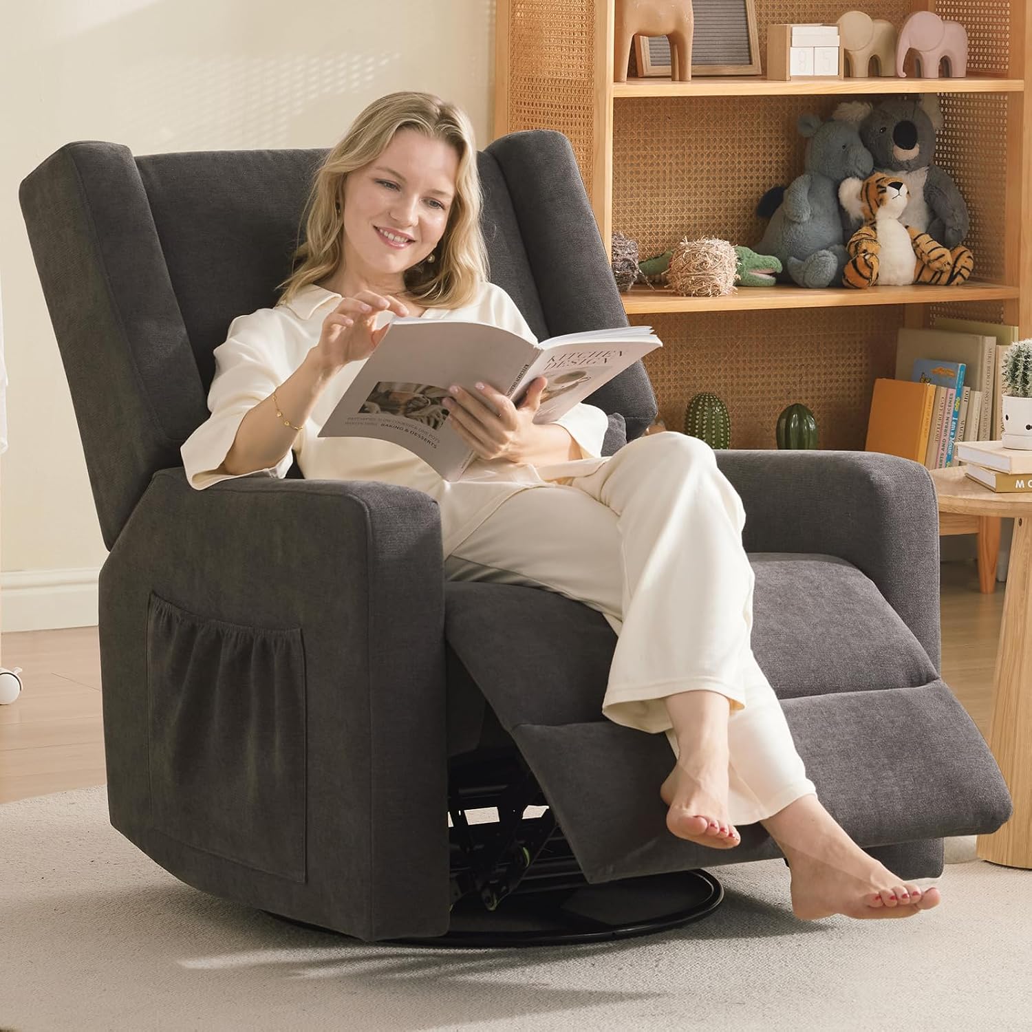 Tbfit Nursery Rocking Chair, 360° Swivel Recliner Chair with Lumbar Support for Bedroom, Comfy Upholstered Armchair with Pillows & Footrest for Living Room & Baby Room