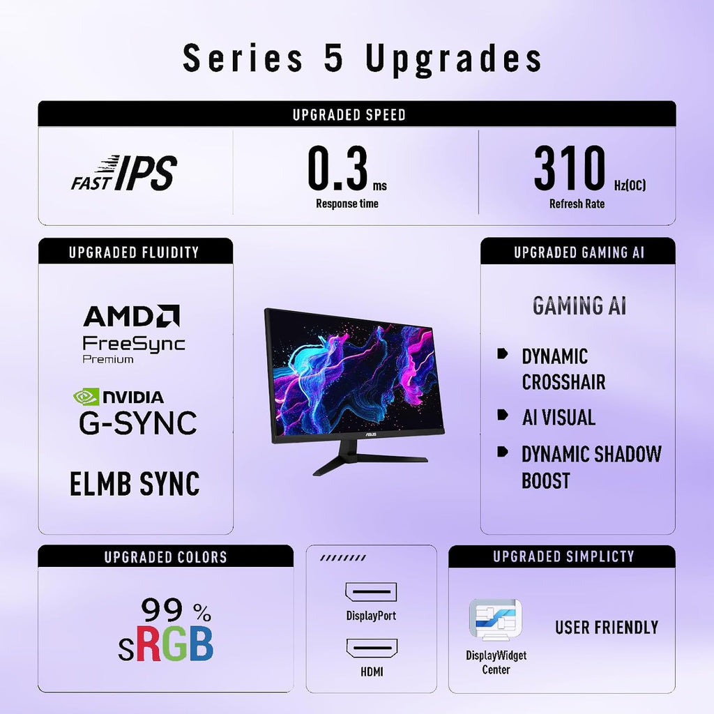 ASUS 24.5' FHD Gaming Monitor, Fast IPS Display, 310Hz, 0.3ms, G-SYNC Compatible, FreeSync Premium, ELMB Sync, 99% sRGB, AI-Powered Gaming Enhancements, Bult-in Speaks, HDMI, DisplayPort