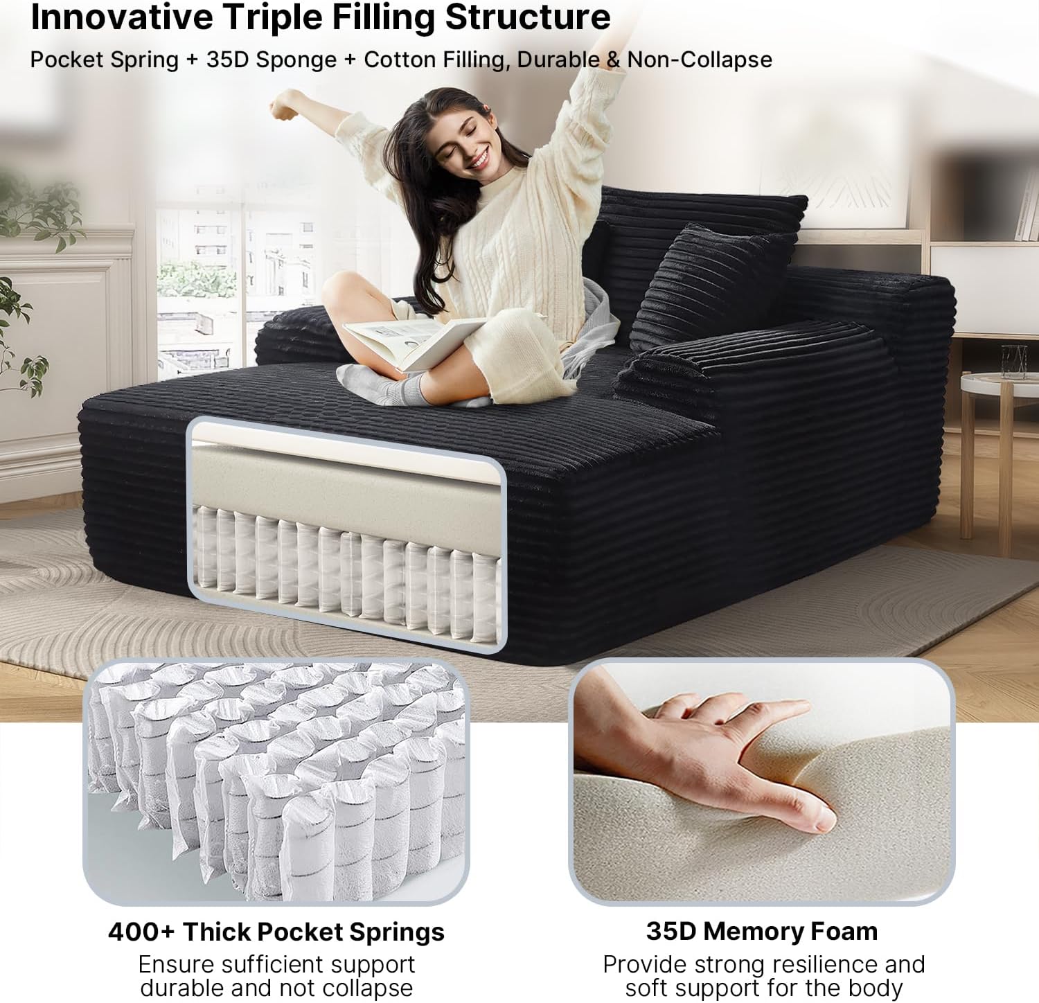 65'' Chaise Lounge Chair Indoor, Black Corduroy Sofa Bed, Boneless Lounge Chair, Oversized Sleeper Sofa, Black Corduroy Cloud Couch Reading Chair for Living Room No Assembly