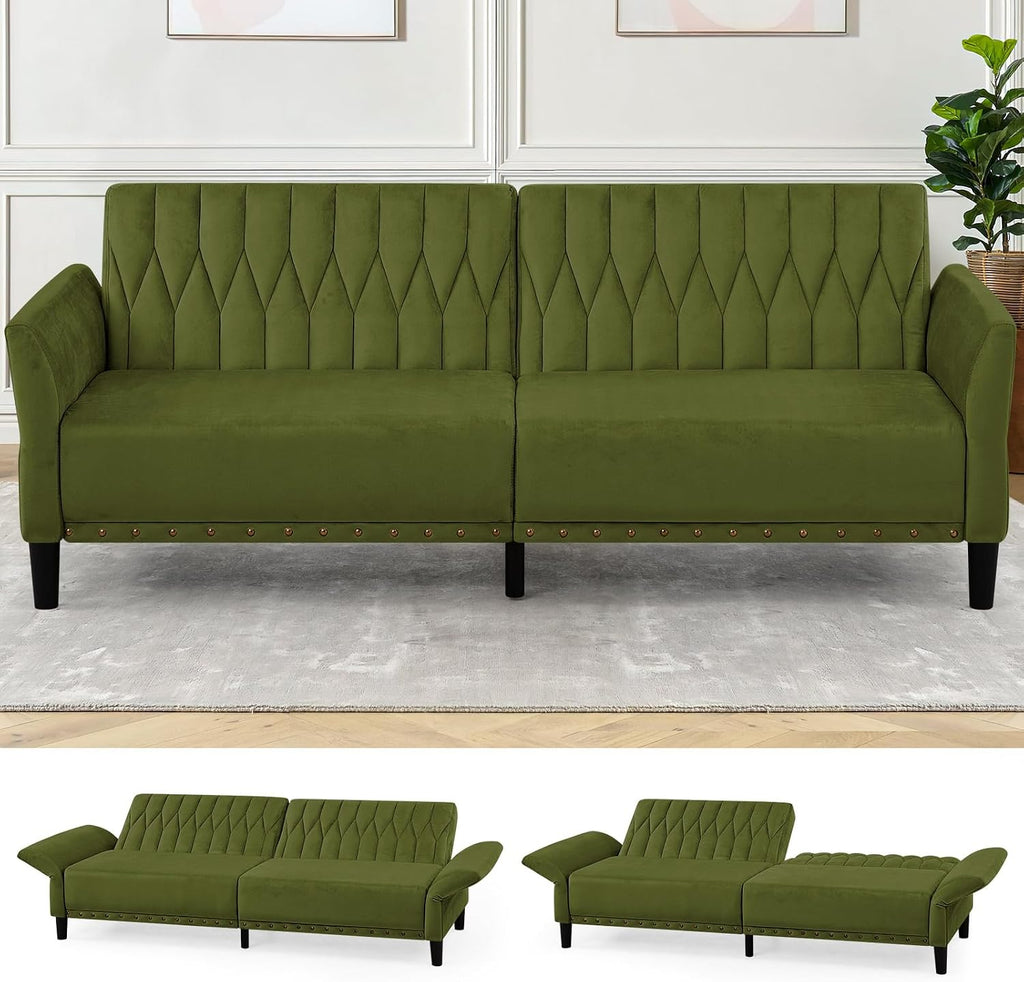 77' Velvet Sofa Bed with Adjustable Armrests and Backrests,Tufted Convertible Futon Couch with Nailhead Trim, Loveseat Modern Velvet Sleeper Sofa for Living Room,Bedroom,Office, Olive Green
