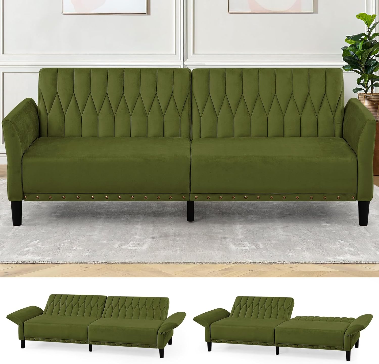 77' Velvet Sofa Bed with Adjustable Armrests and Backrests,Tufted Convertible Futon Couch with Nailhead Trim, Loveseat Modern Velvet Sleeper Sofa for Living Room,Bedroom,Office, Olive Green
