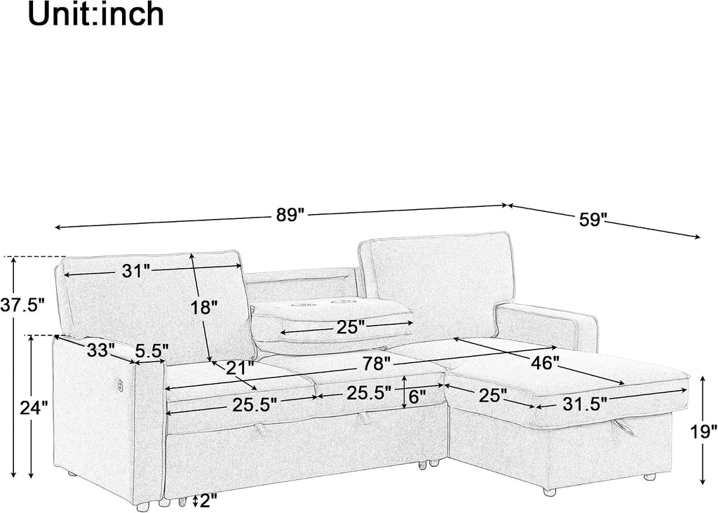 LUMISOL 89' Convertible Sleeper Sofa Bed, Modern L-Shaped Sectional Sofa Pull Out Couch with Chaise, Chenille Sofa Bed with Cup Holder, USB Ports for Living Room, Small Apartment, Gray