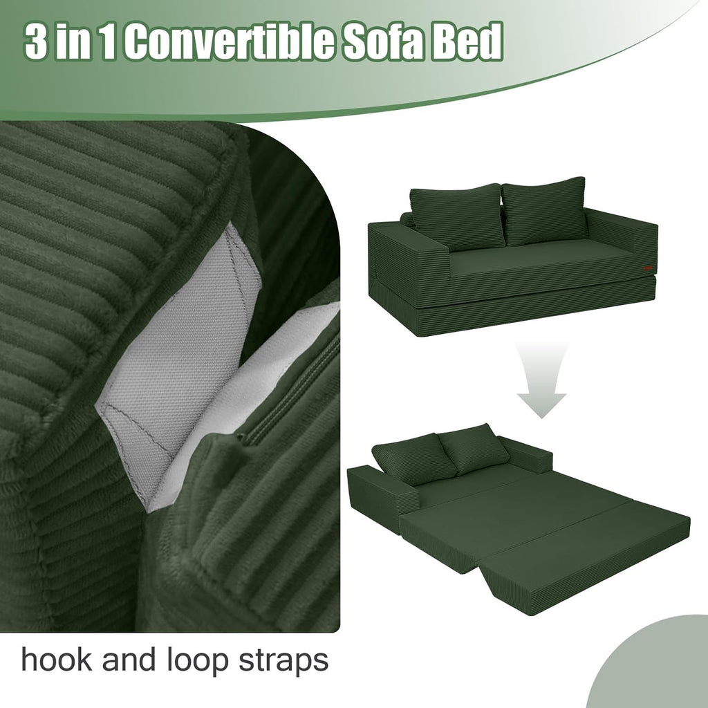 COMAX Convertible Sofa Bed Queen, Corduroy Folding Floor Couch Pull Out Couch Bed Futon Sleeper with Pillows, Fold Out Boneless Sofa Comfy Lounge Mattress Loveseat for Living Room Bedroom, Green
