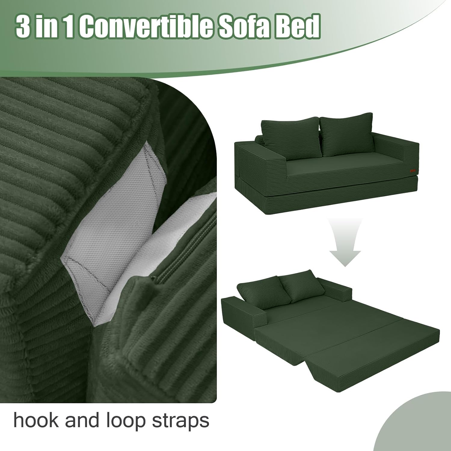 COMAX Convertible Sofa Bed Queen, Corduroy Folding Floor Couch Pull Out Couch Bed Futon Sleeper with Pillows, Fold Out Boneless Sofa Comfy Lounge Mattress Loveseat for Living Room Bedroom, Green