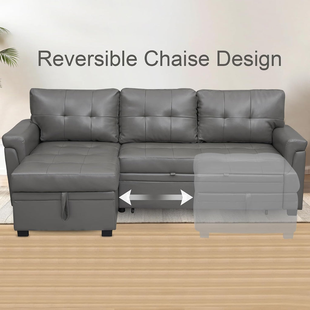 Naomi Home L Shaped Sectional Couch with Storage & Pull Out Bed – 3-in-1 Convertible Sleeper Sofa Bed, Small L Shape Sofa for Living Room, Sofa Bed with Storage Chaise in Gray, Air Leather
